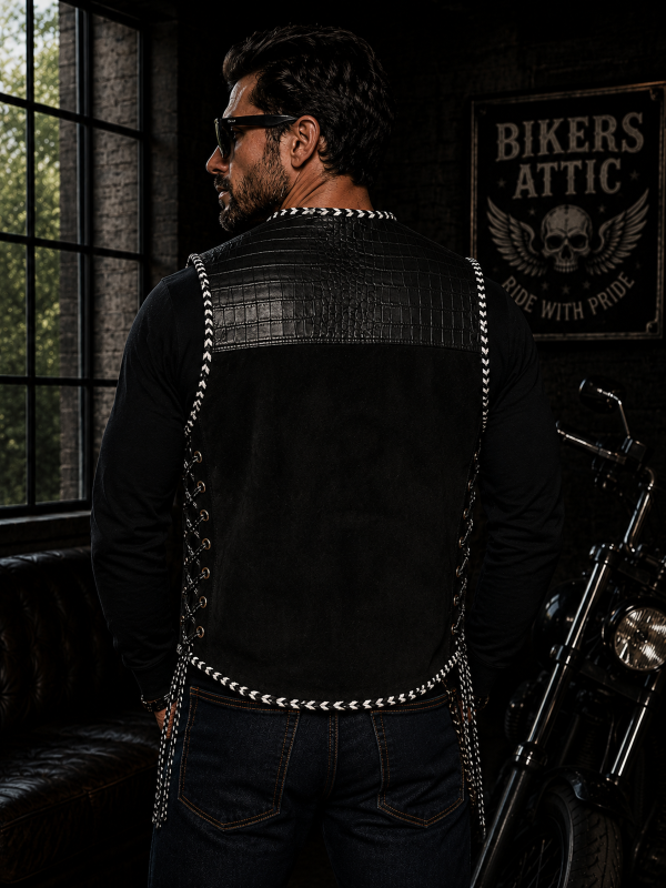 Bikers Attic Quality Suede Vest With Crocodile Print Trim & Braiding - Image 2